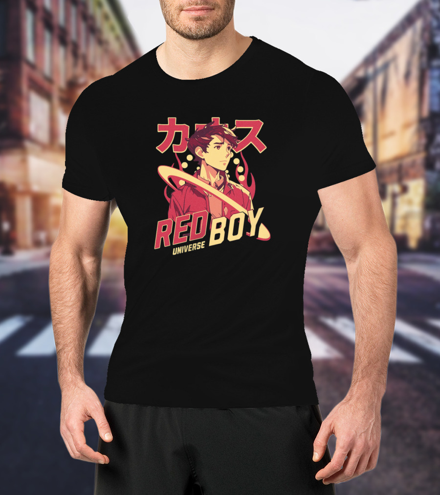 Red Boy Universe Anime Style Japanese Text Planet Ring T-Shirt
