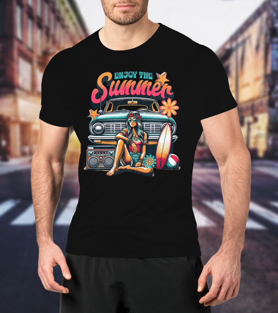 Enjoy The Summer Hippie Girl Surf Van Beach Vibes Vintage Boombox T-Shirt