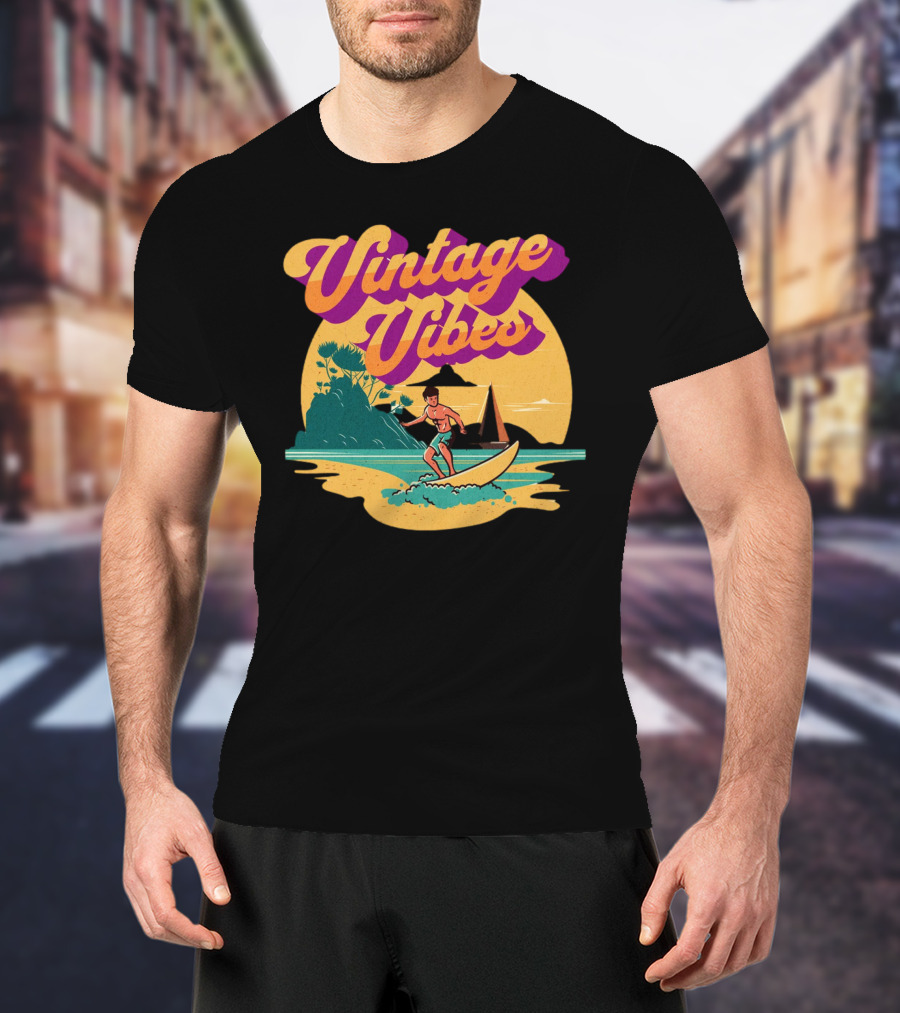 Vintage Vibes Retro Surfing Adventure Sunset Scene T-Shirt