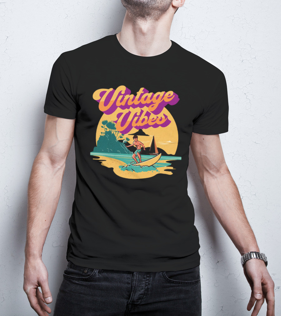 Vintage Vibes Retro Surfing Adventure Sunset Scene T-Shirt