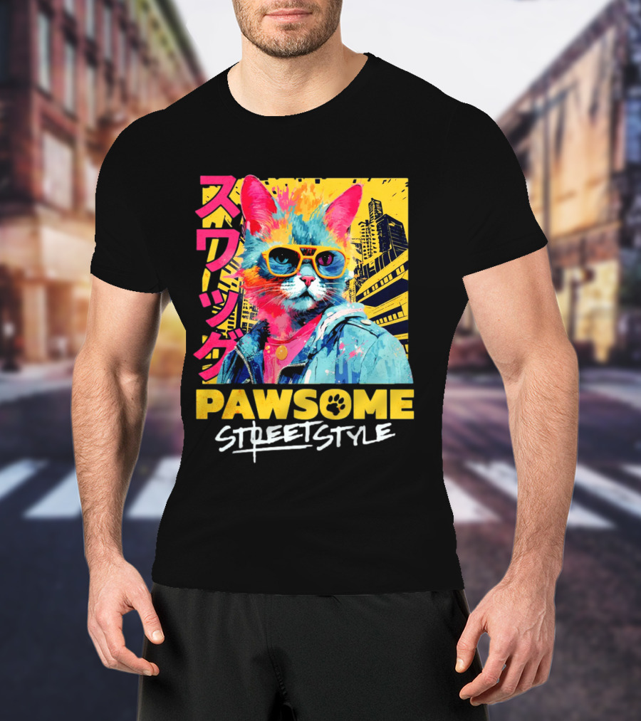 Pawsome Streetstyle Cat With Jacket And Sunglasses Urban Cityscape T-Shirt