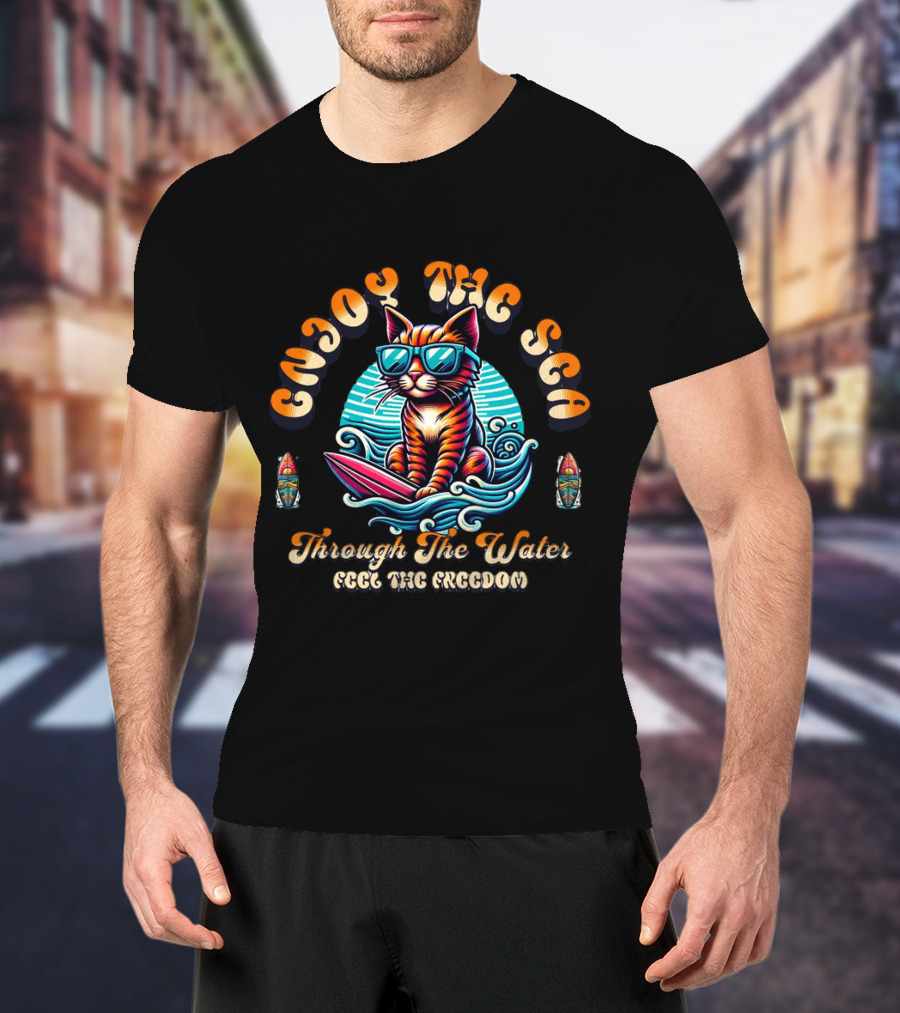 Enjoy The Sea Through The Water Feel The Freedom Retro Illustrative Surfing Cat T-Shirt