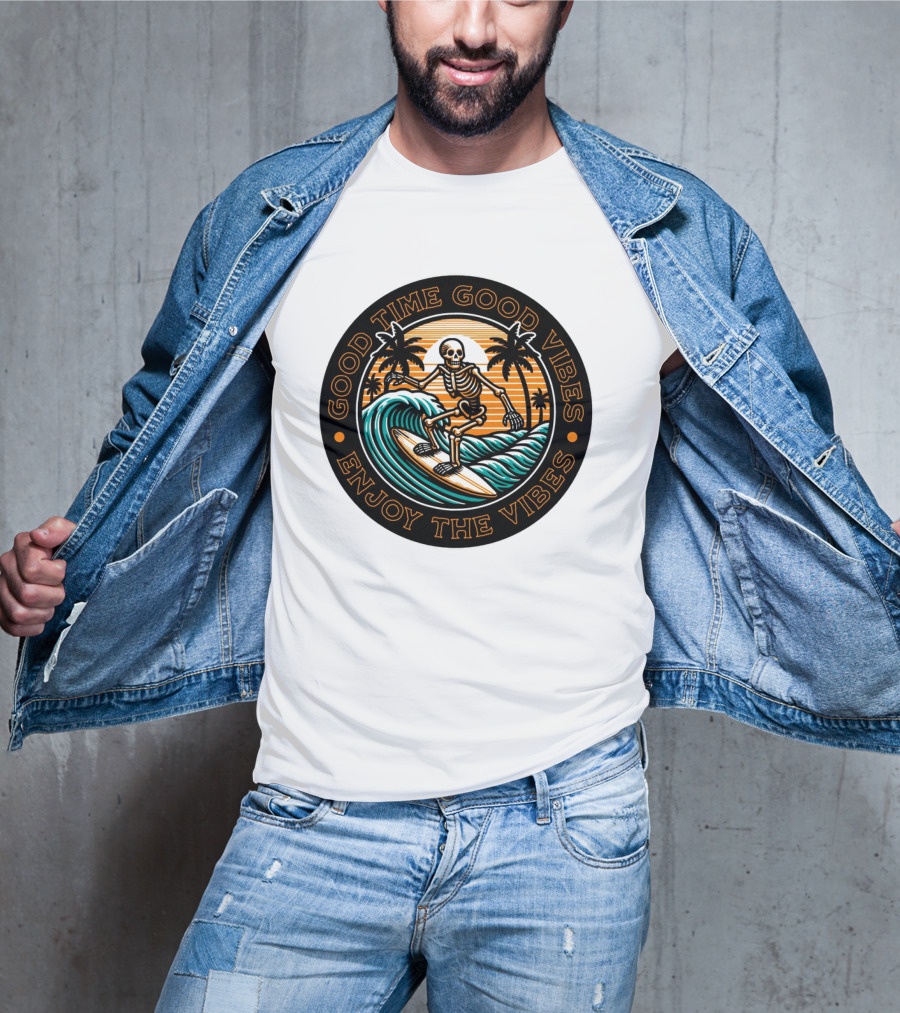Good Time Good Vibes Enjoy The Vibes Surfer Skeleton Palm Trees Sunset Ocean Waves T-Shirt