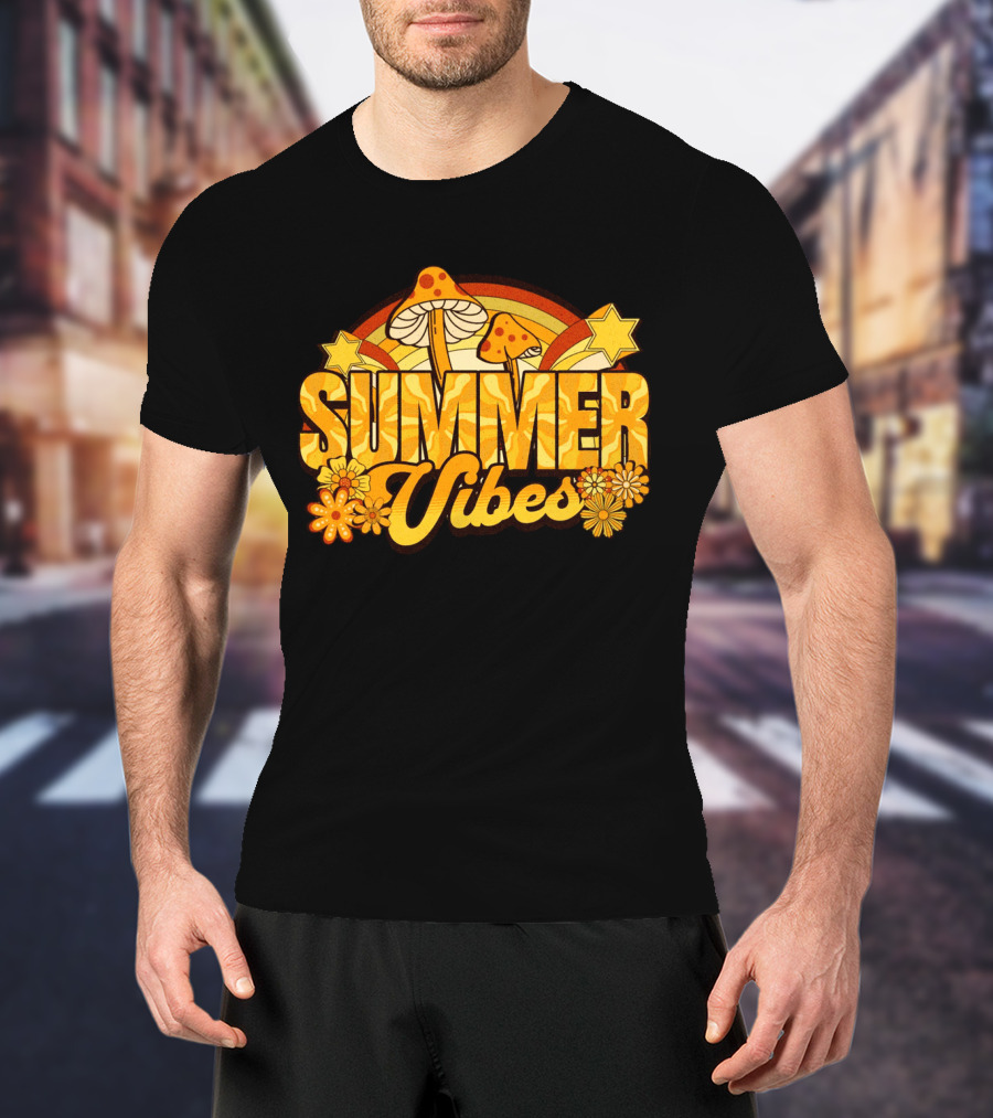 Summer Vibes Groovy Hippie Mushrooms And Flowers Retro Starburst T-Shirt