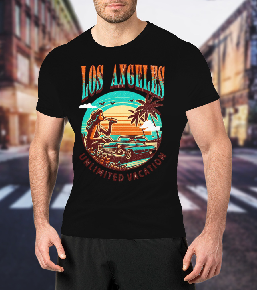 Los Angeles Unlimited Vacation Classic Car Palm Trees Sunset Vibes T-Shirt