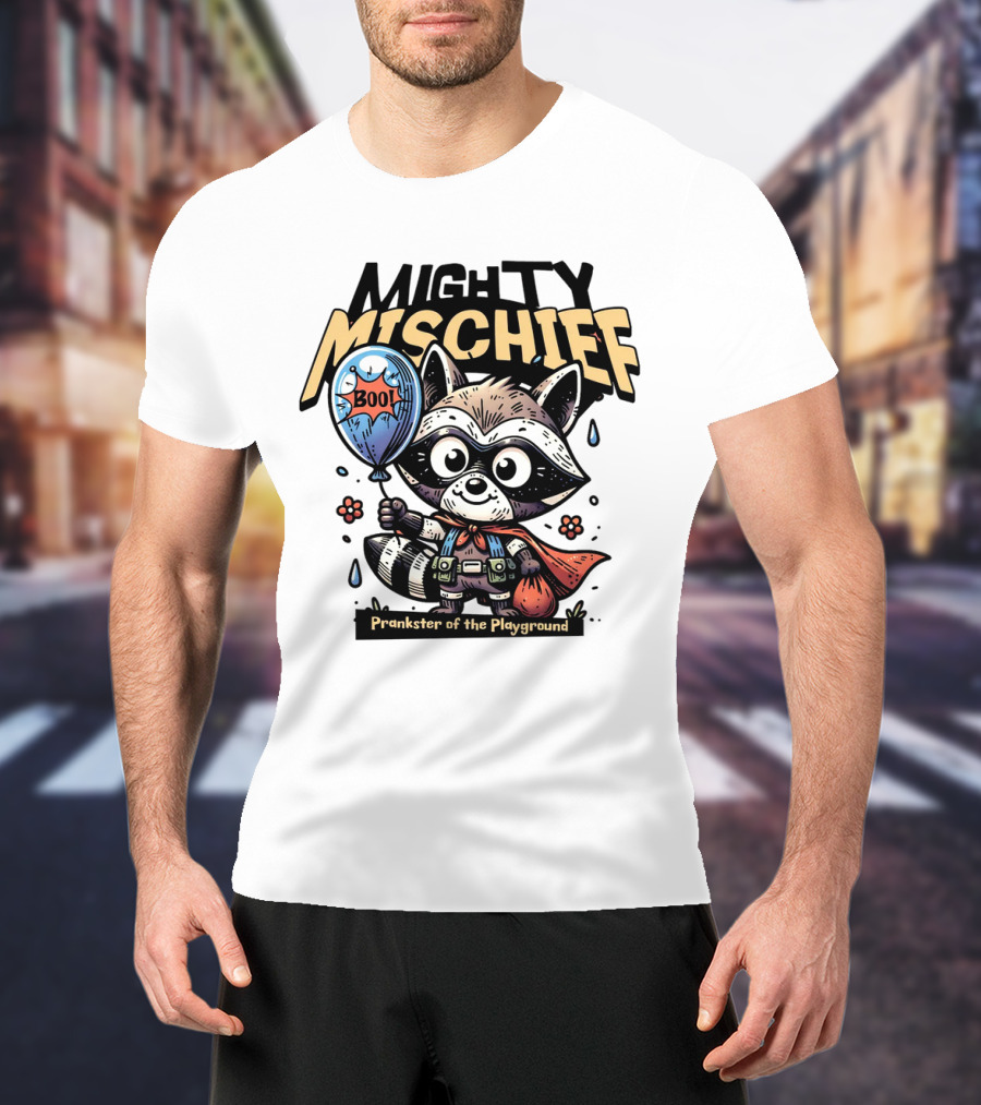 Mighty Mischief Raccoon With Boo Balloon Prankster Of The Playground T-Shirt
