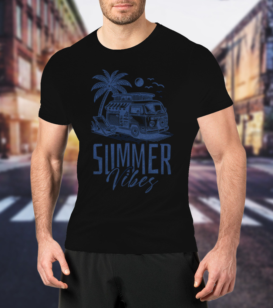 SUMMER VIBES PALM TREE VAN BEACH MOON T-Shirt