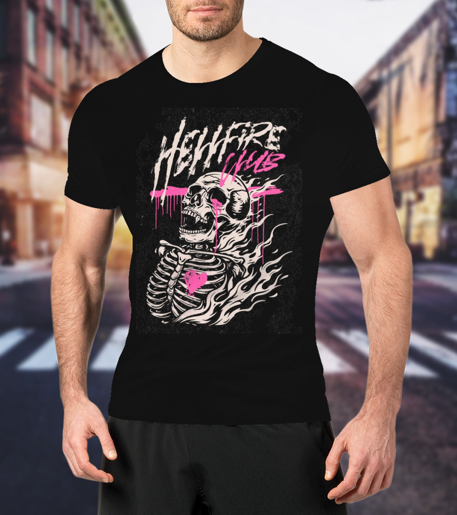Hellfire Club Skeleton With Flames And Pink Heart Accents T-Shirt