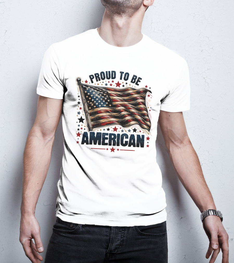 Proud To Be American Waving Stars And Stripes Surrounded By Red And Black Stars T-Shirt