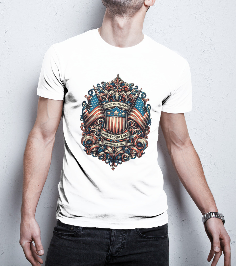 Proud We Celebrate Independence Day United We Stand American Flag Shield Ornamental T-Shirt