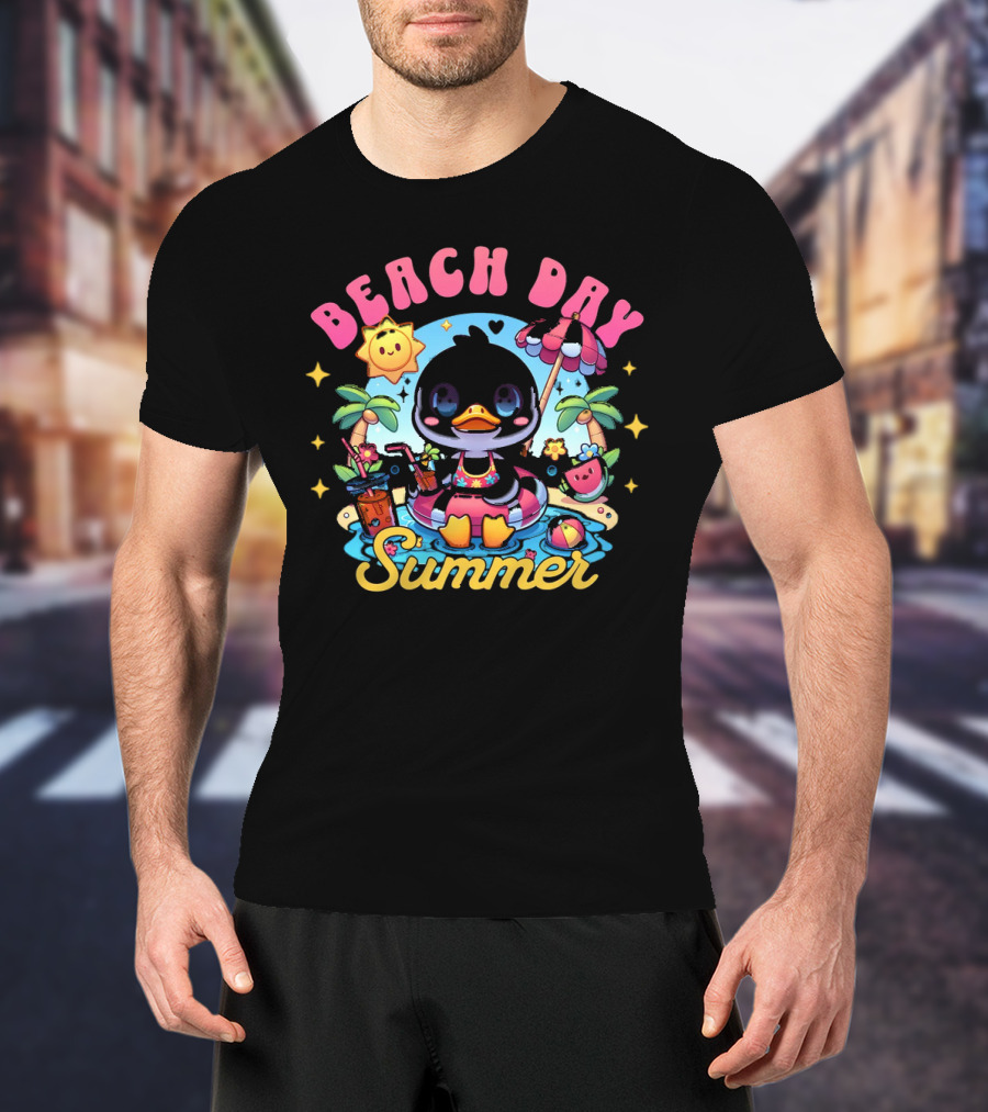 Beach Day Summer Happy Times Good Sunshine Duck In Pool With Palm Trees And Watermelon T-Shirt