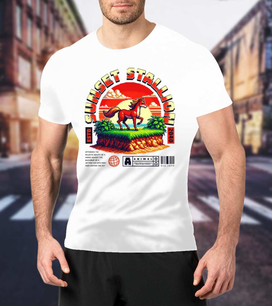 Sunset Stallion 2040 ESTO Animal Epic Epitome Horse Setting Sun Fiery Sky T-Shirt