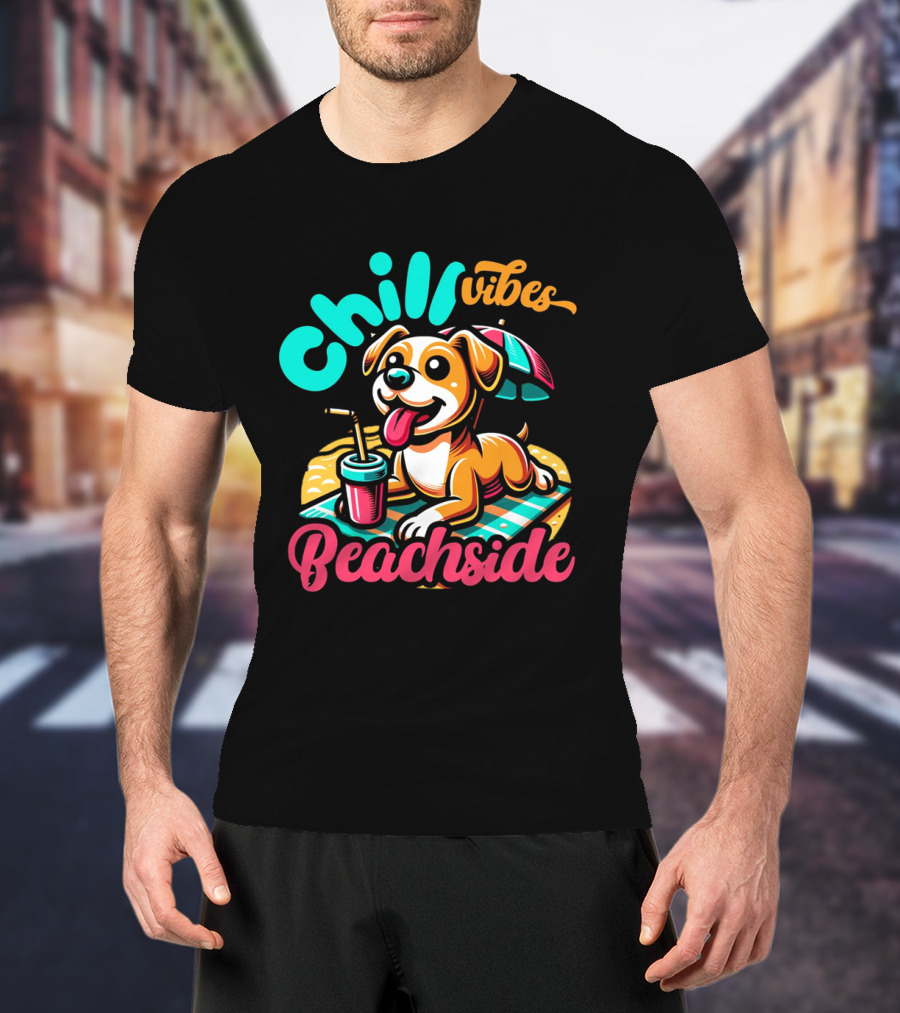 Chill Vibes Beachside Relaxing Dog With Umbrella And Drink T-Shirt