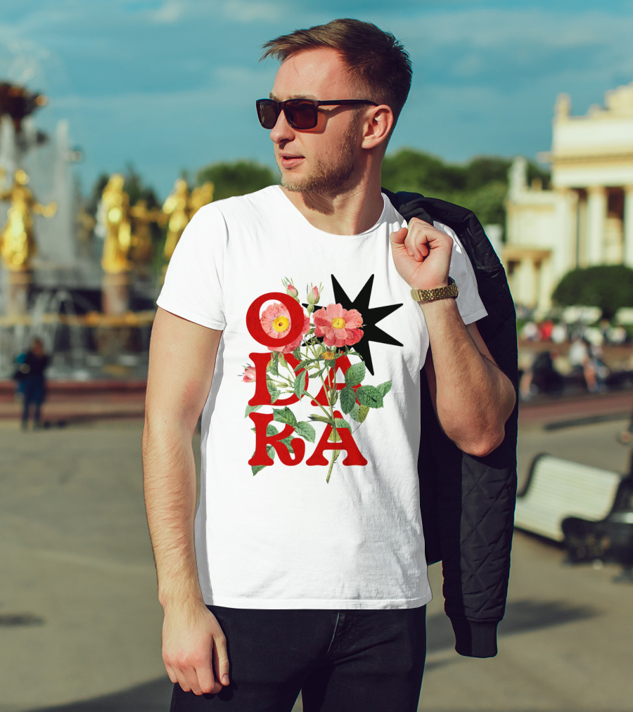 ODARA Bold Floral Art With Red Letters And Pink Flowers T-Shirt