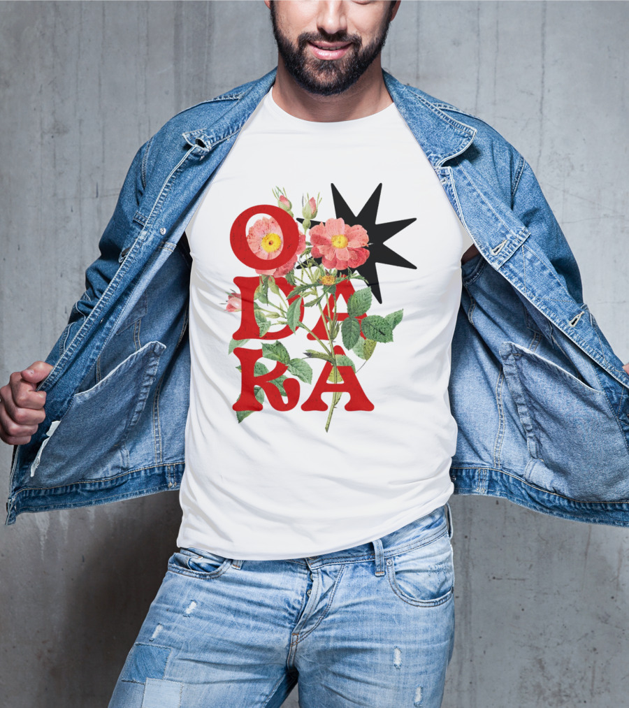 ODARA Bold Floral Art With Red Letters And Pink Flowers T-Shirt