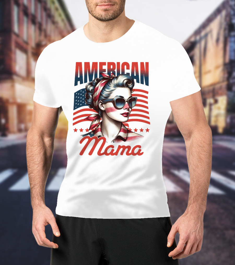 American Mama Vintage Patriotic Bandana Sunglasses Retro Flag Stars T-Shirt