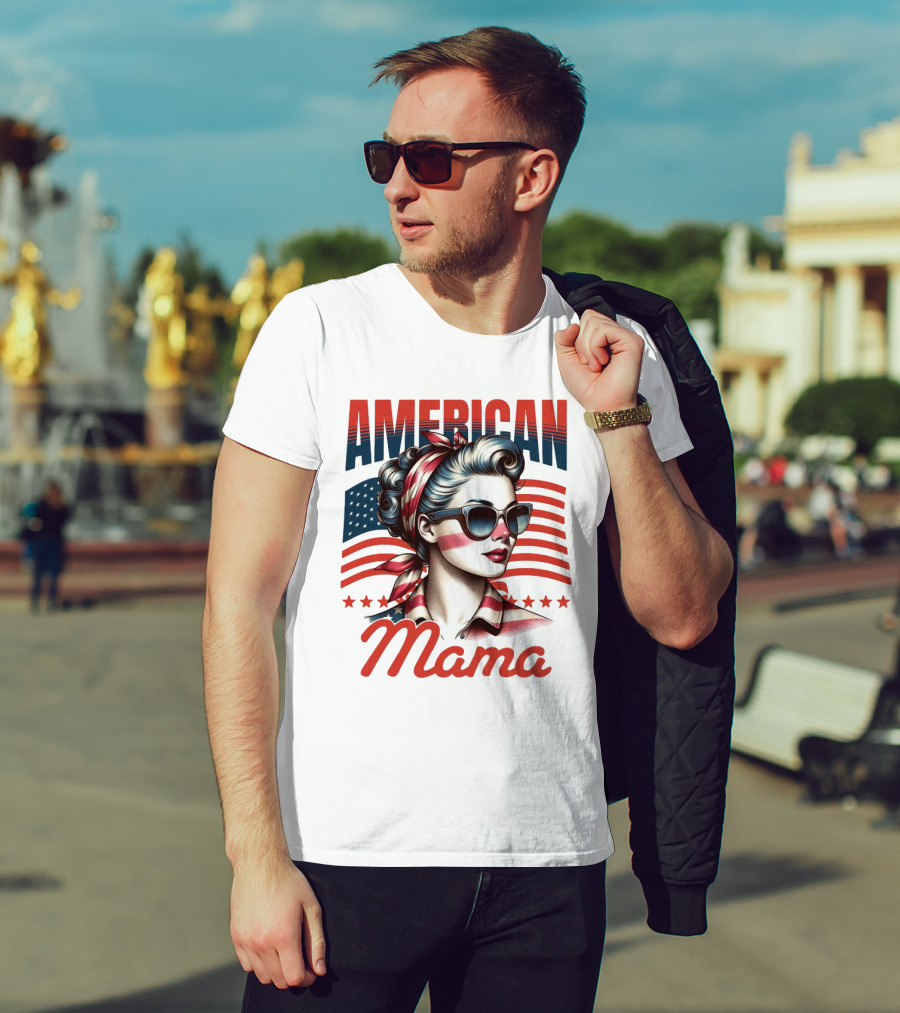 American Mama Vintage Patriotic Bandana Sunglasses Retro Flag Stars T-Shirt