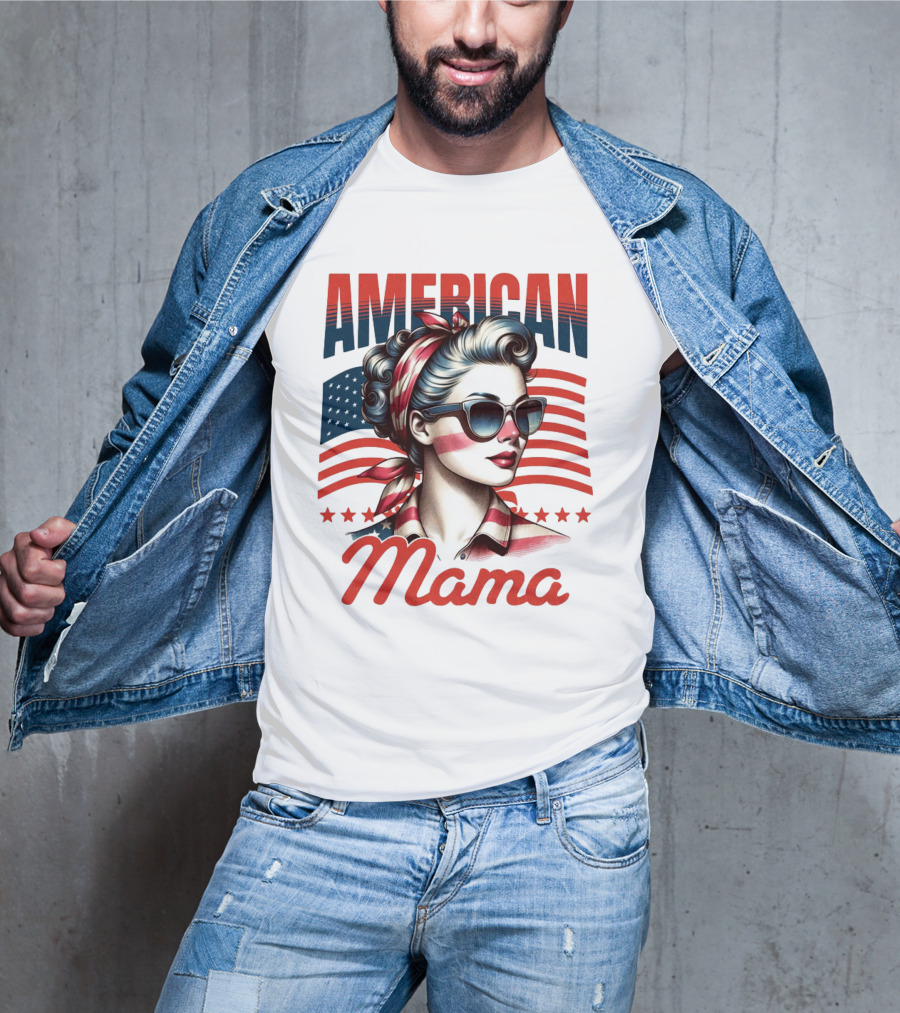 American Mama Vintage Patriotic Bandana Sunglasses Retro Flag Stars T-Shirt