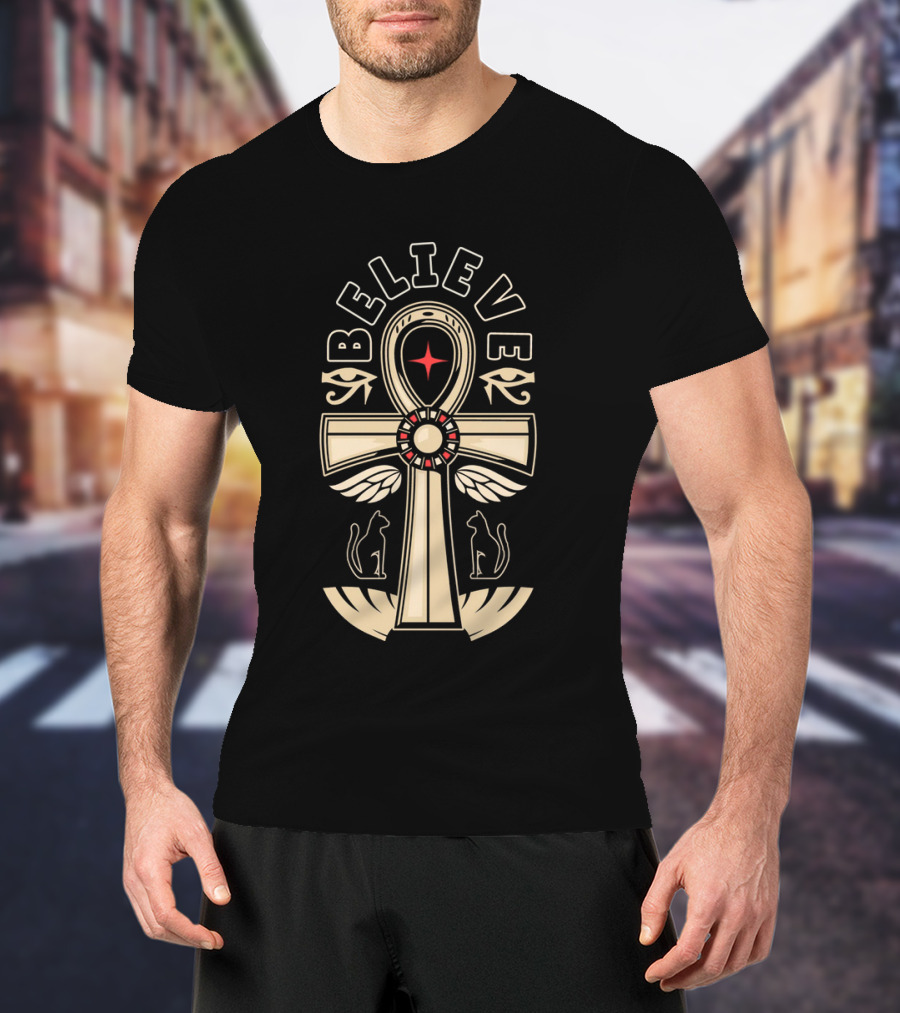 Believe Faith Ankh Symbol With Cats And Wings T-Shirt