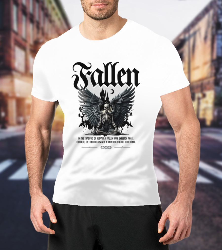 Fallen Dark Skeleton Angel With Fractured Wings And Gothic Castle T-Shirt