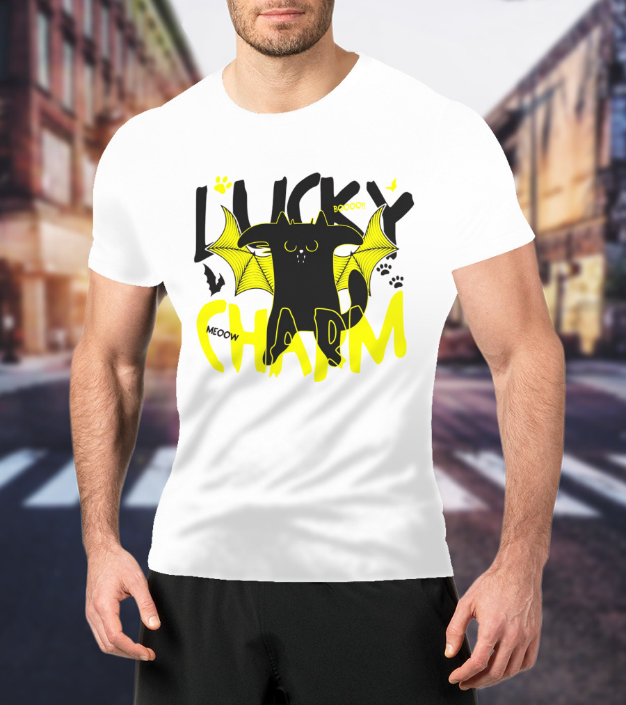 LUCKY CHARM Meow Boooo Bat Wings Cat Paw Prints T-Shirt