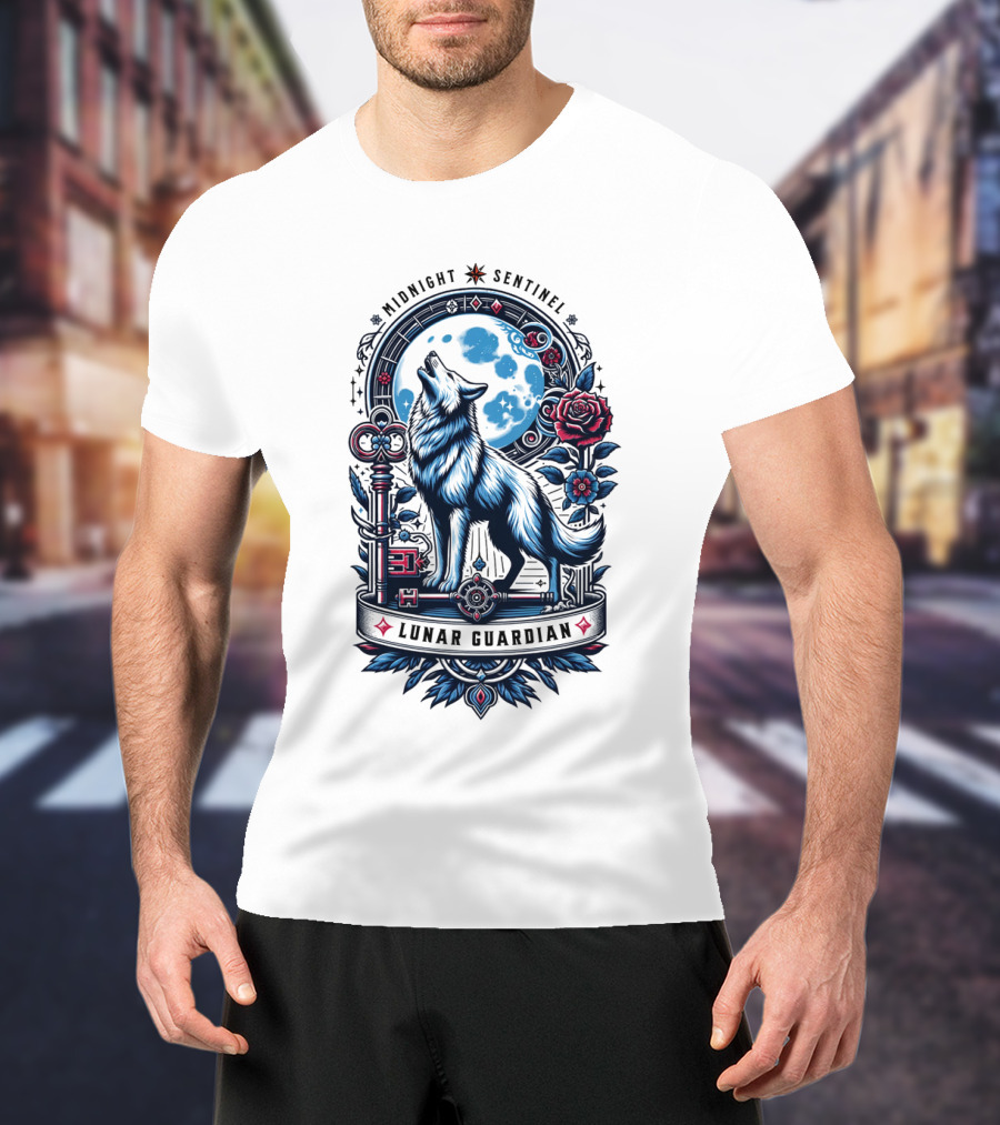 Midnight Sentinel Lunar Guardian Key And Roses Howling Wolf Moon T-Shirt