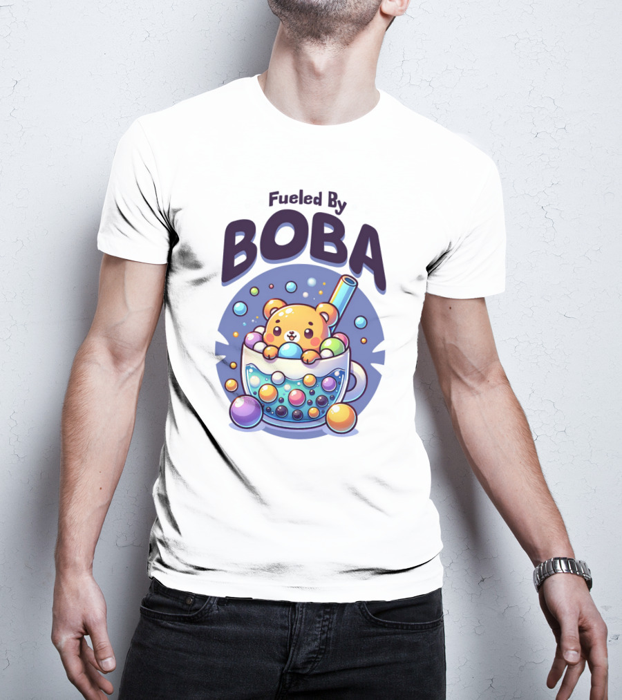 Purple Cute Fueled By Boba Bear In Cup With Straw And Bubbles T-Shirt