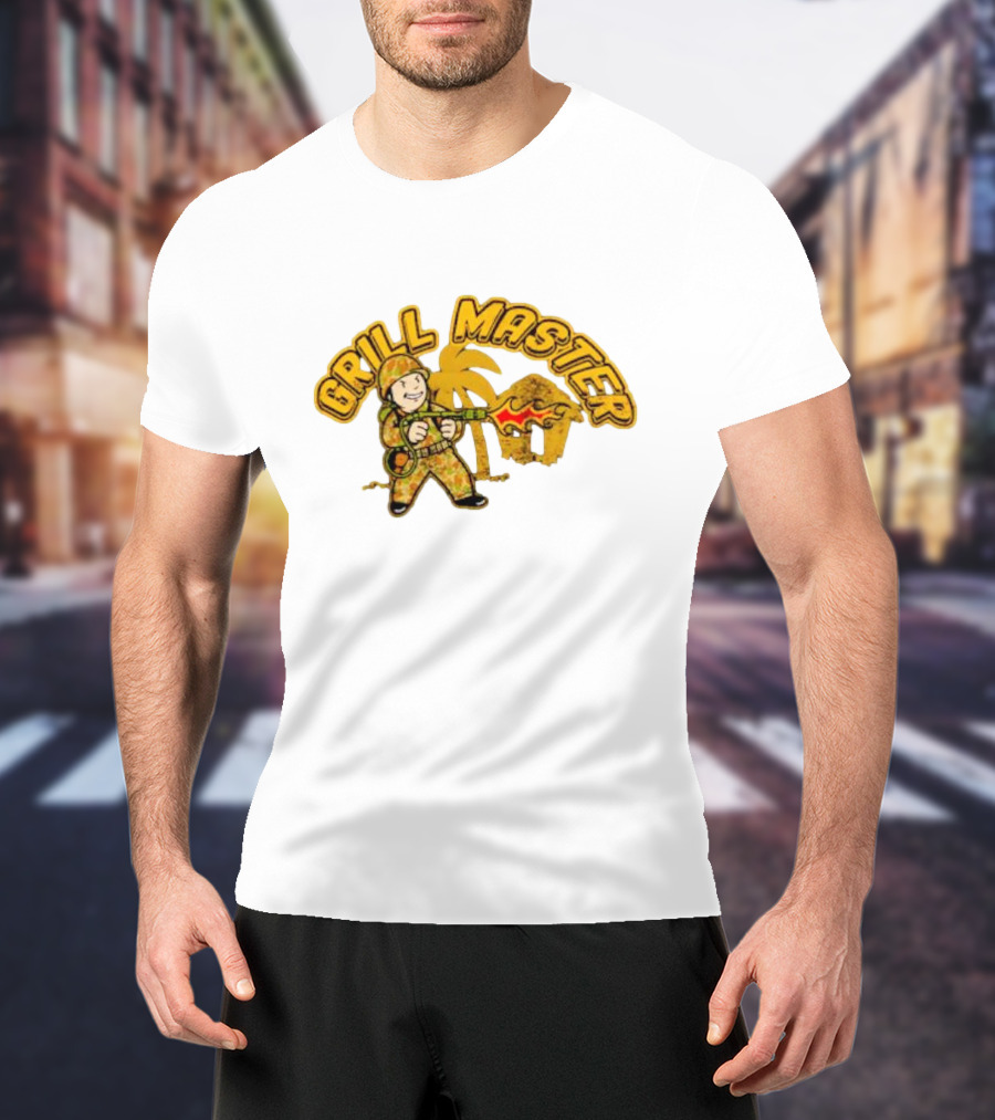 Grill Master Soldier With Palm Tree And Hut T-Shirt