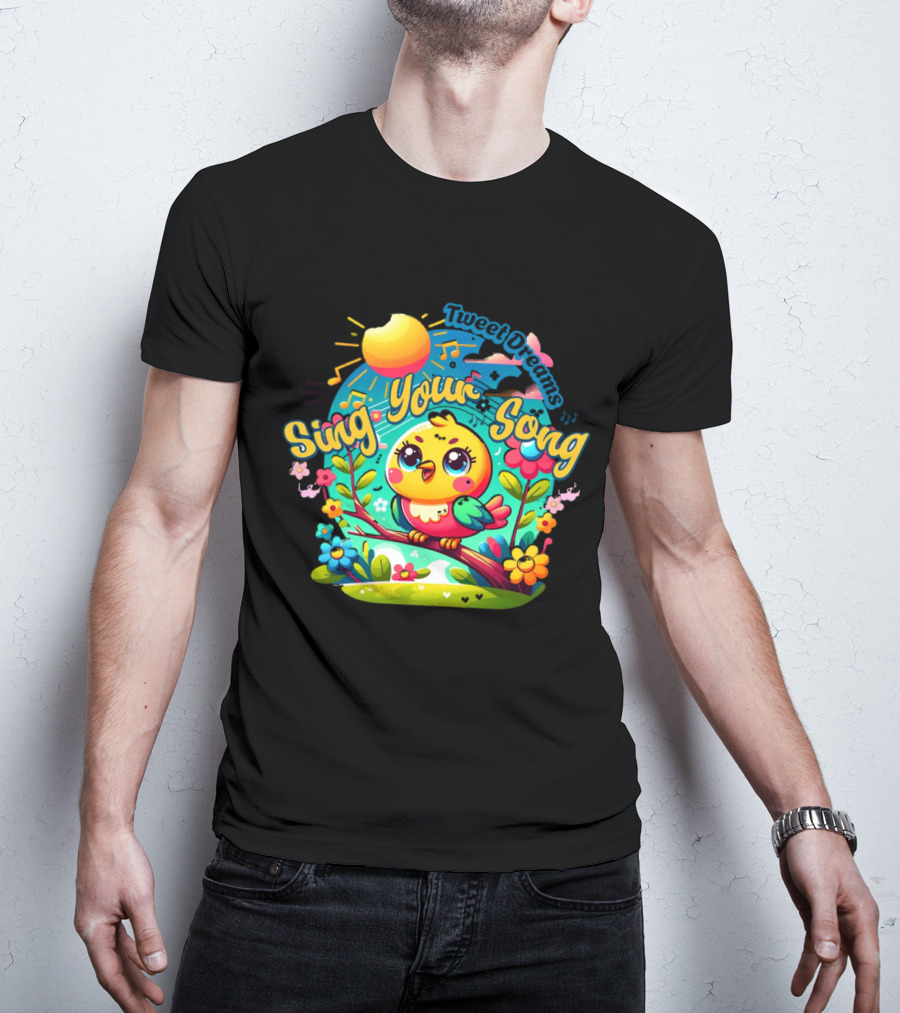 Tweet Dreams Sing Your Song Brightly-Colored Cartoon Bird And Musical Notes T-Shirt