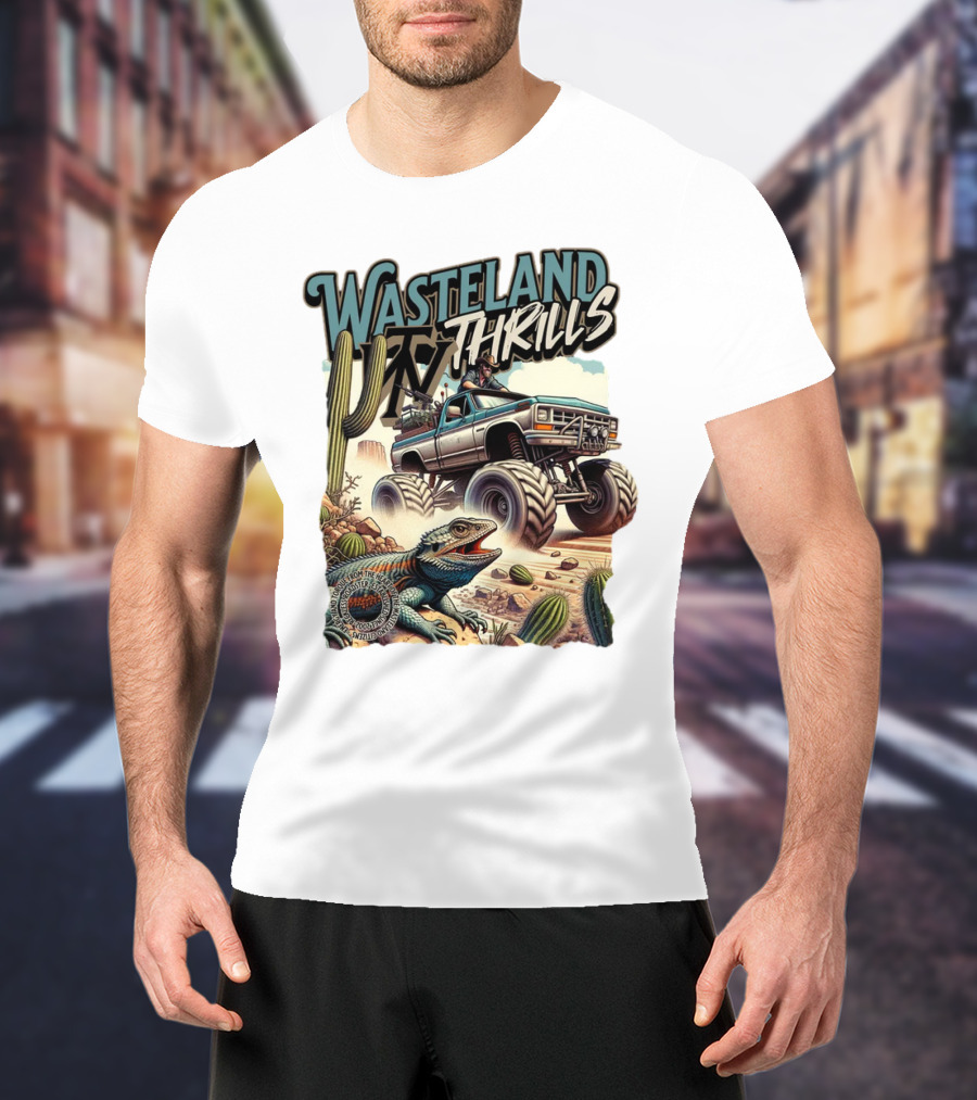 Wasteland Thrills Monster Truck Adventure With Lizard And Cactus Desert Scene T-Shirt