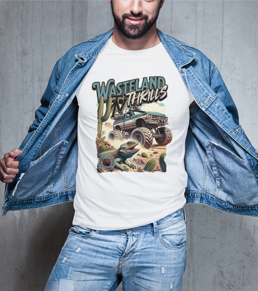 Wasteland Thrills Monster Truck Adventure With Lizard And Cactus Desert Scene T-Shirt
