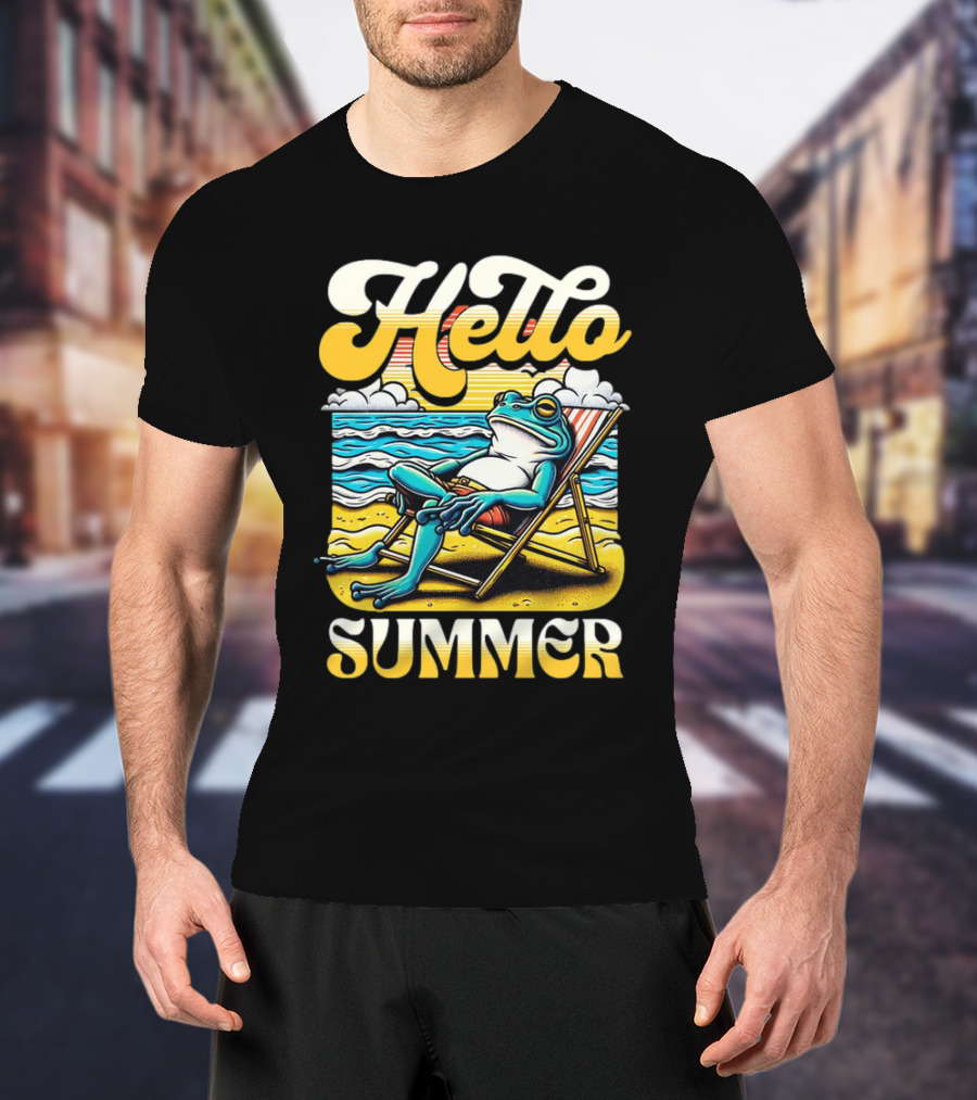 Hello Summer Frog Vintage Beach Scene T-Shirt