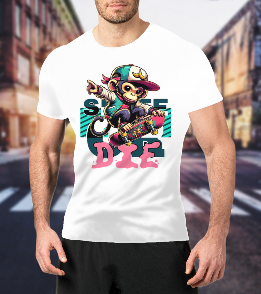 Skate Or Die Monkey On Skateboard With Cap And Jacket T-Shirt