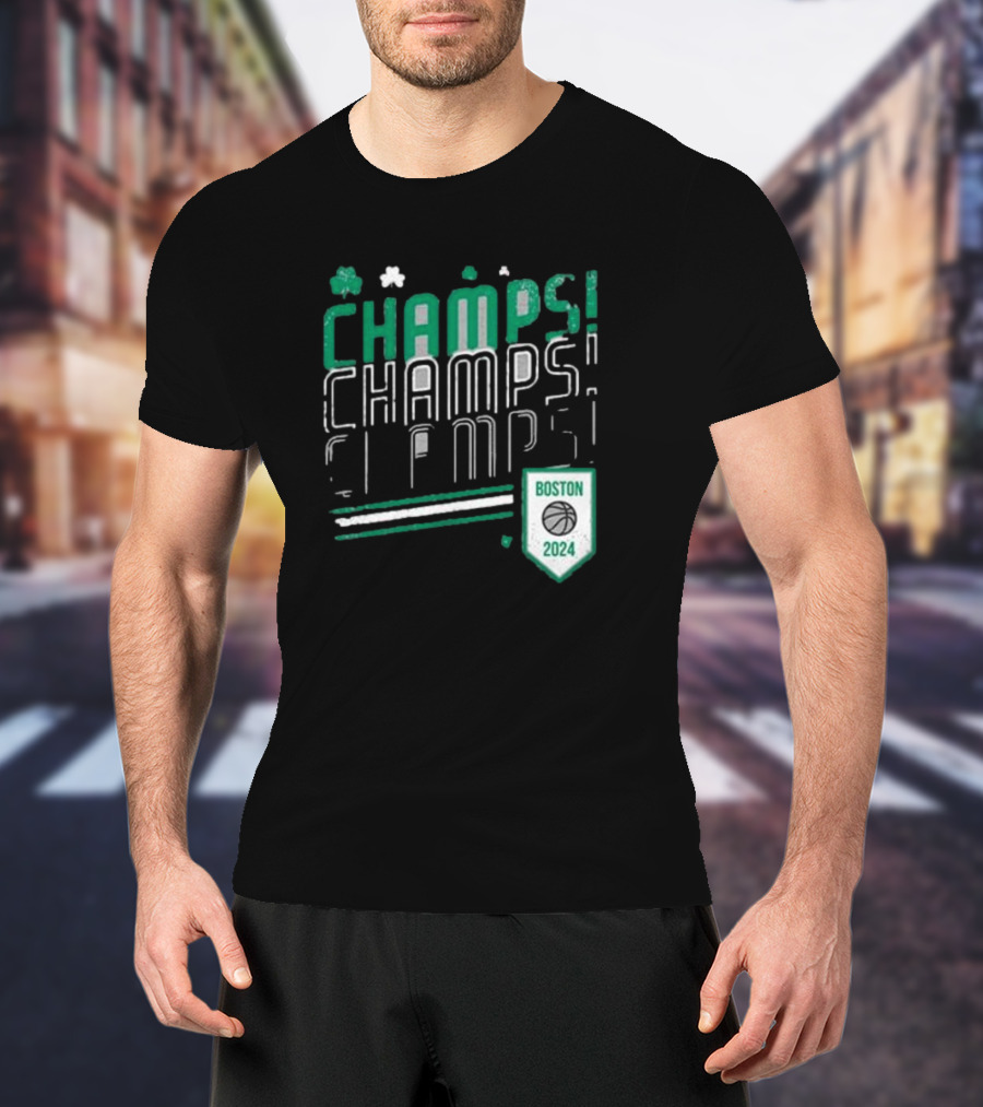 Boston Celtics ’24 Champs Champs Champs Basketball Shield T-Shirt