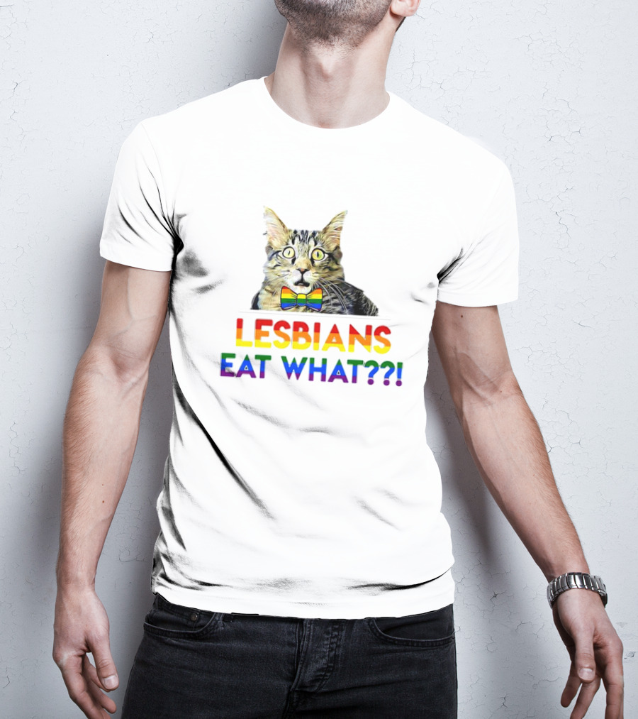 Lesbians Eat What Cat With Rainbow Bow Tie T-Shirt
