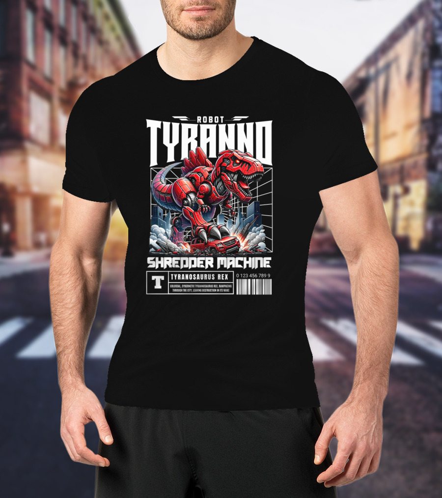 Robot Tyranno Shredder Machine Colossal Cybernetic Tyrannosaurus Rex Rampaging Through The City T-Shirt