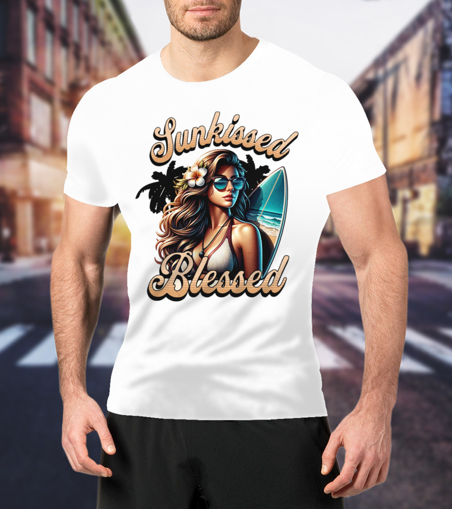 Sunkissed Blessed Surfer Girl In Sunglasses With Surfboard And Flower In Hair T-Shirt