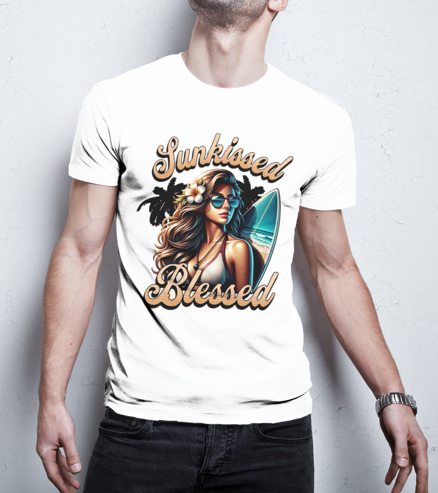 Sunkissed Blessed Surfer Girl In Sunglasses With Surfboard And Flower In Hair T-Shirt