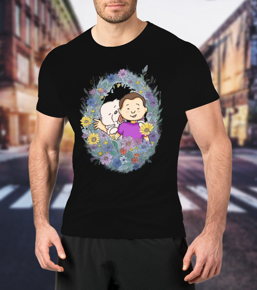 Dog Dad With Child And Dog Surrounded By Floral Wreath T-Shirt
