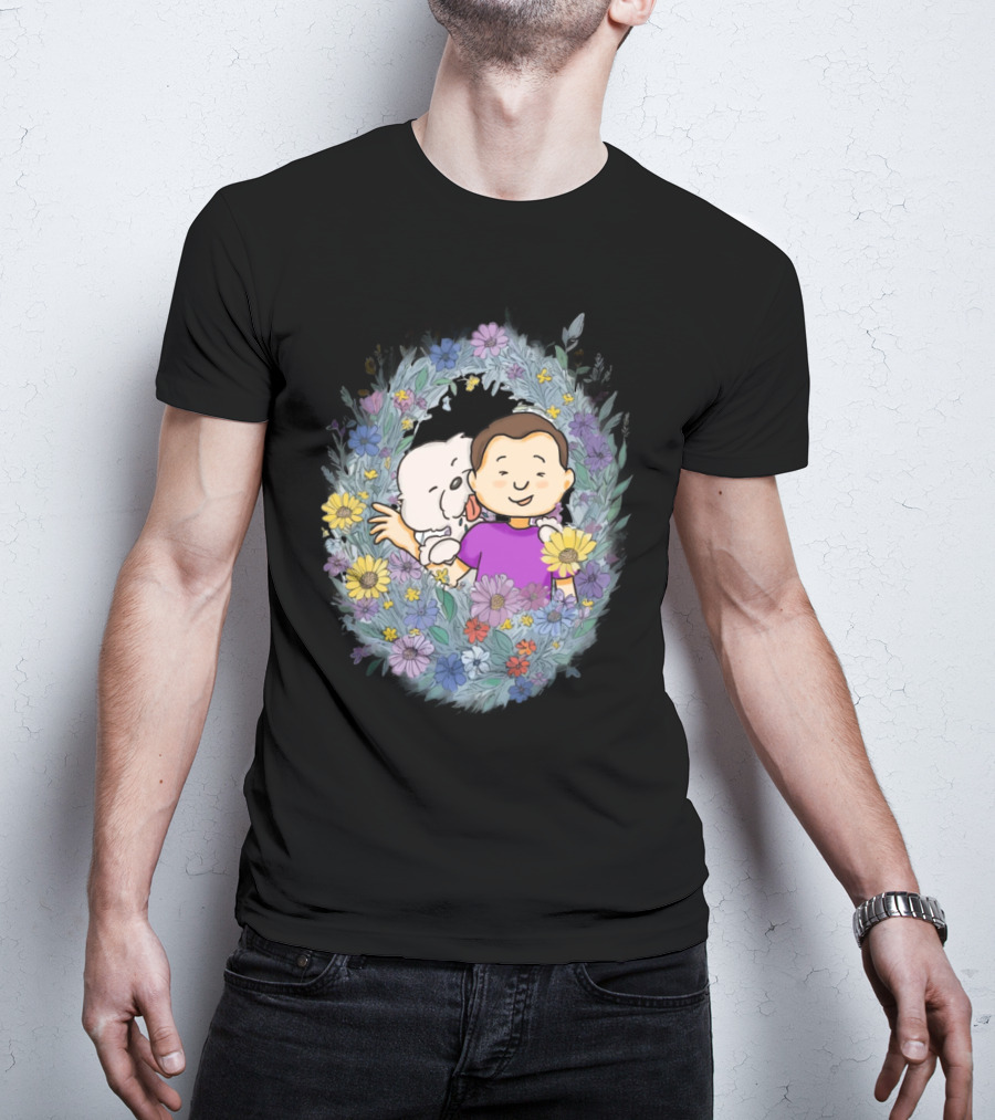 Dog Dad With Child And Dog Surrounded By Floral Wreath T-Shirt