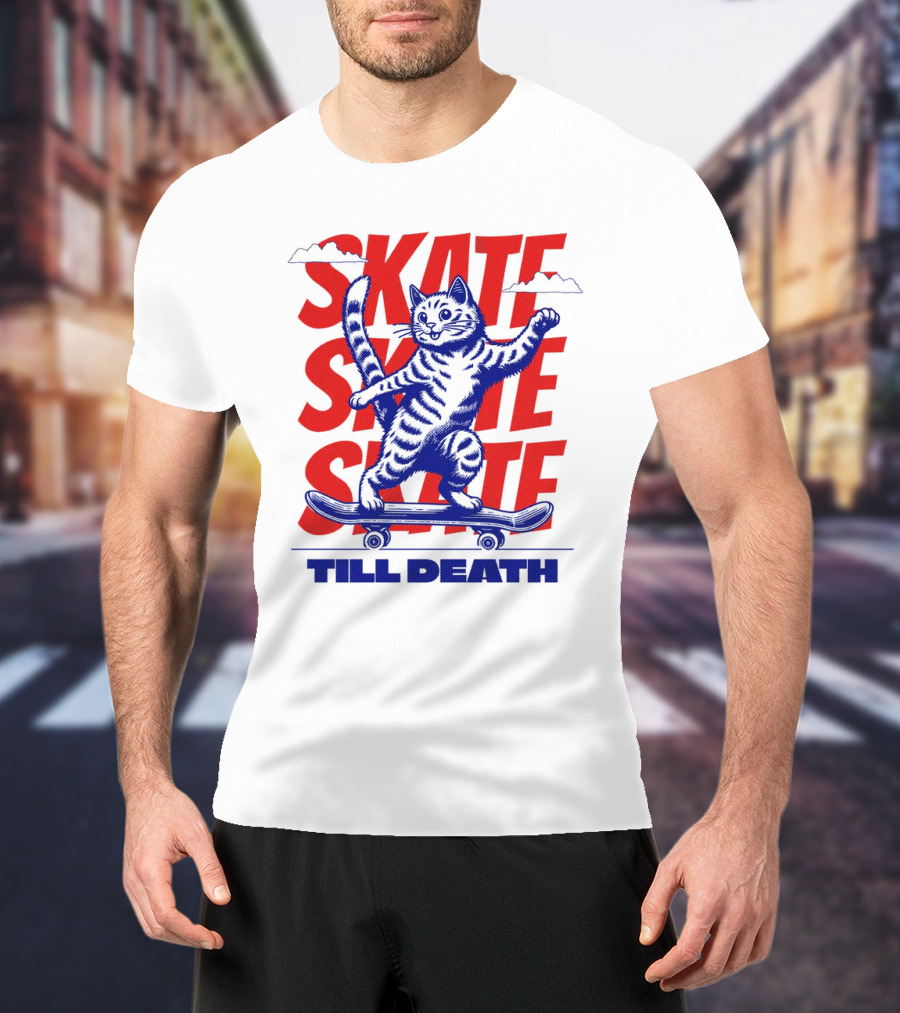 Skate Till Death Cat Riding Skateboard T-Shirt