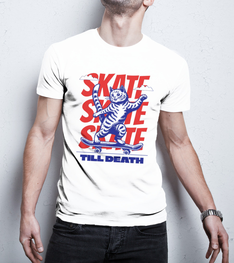 Skate Till Death Cat Riding Skateboard T-Shirt