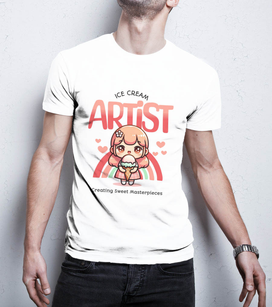 Ice Cream Artist Creating Sweet Masterpieces Kawaii Girl With Hearts And Rainbow T-Shirt