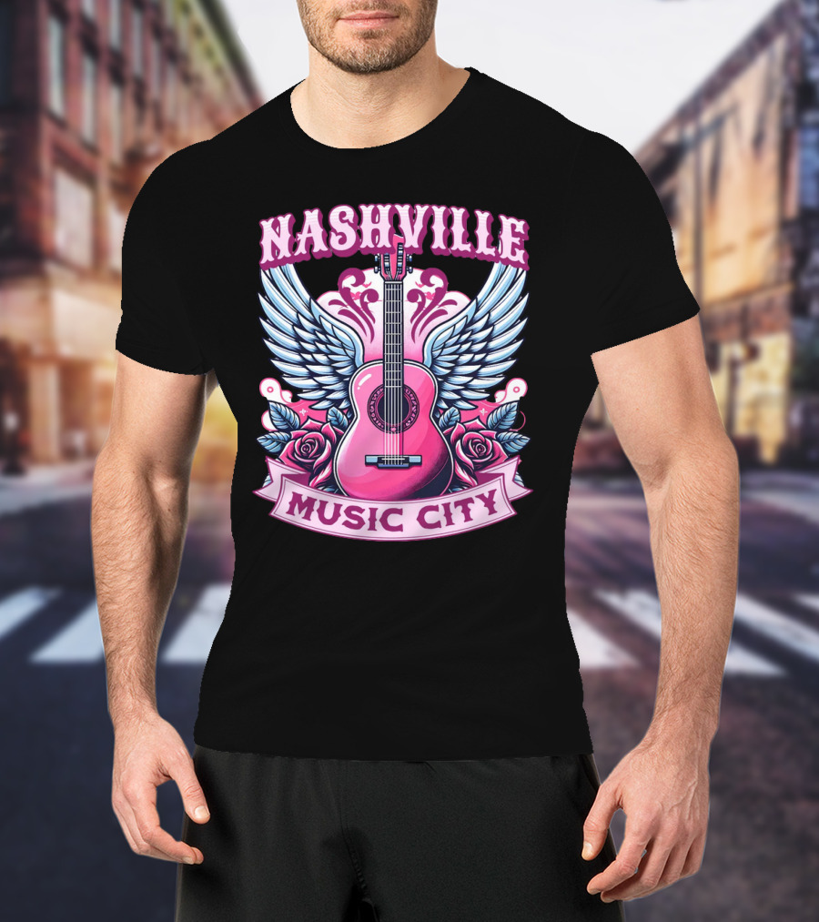 Nashville Music City Pink Guitar Wings Roses T-Shirt