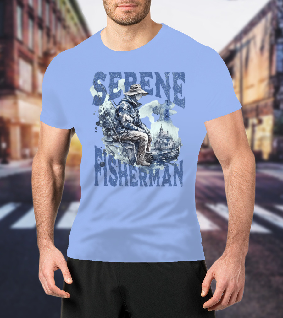 Serene Fisherman In Tranquil Lakeside Town With Boat And Reflection T-Shirt