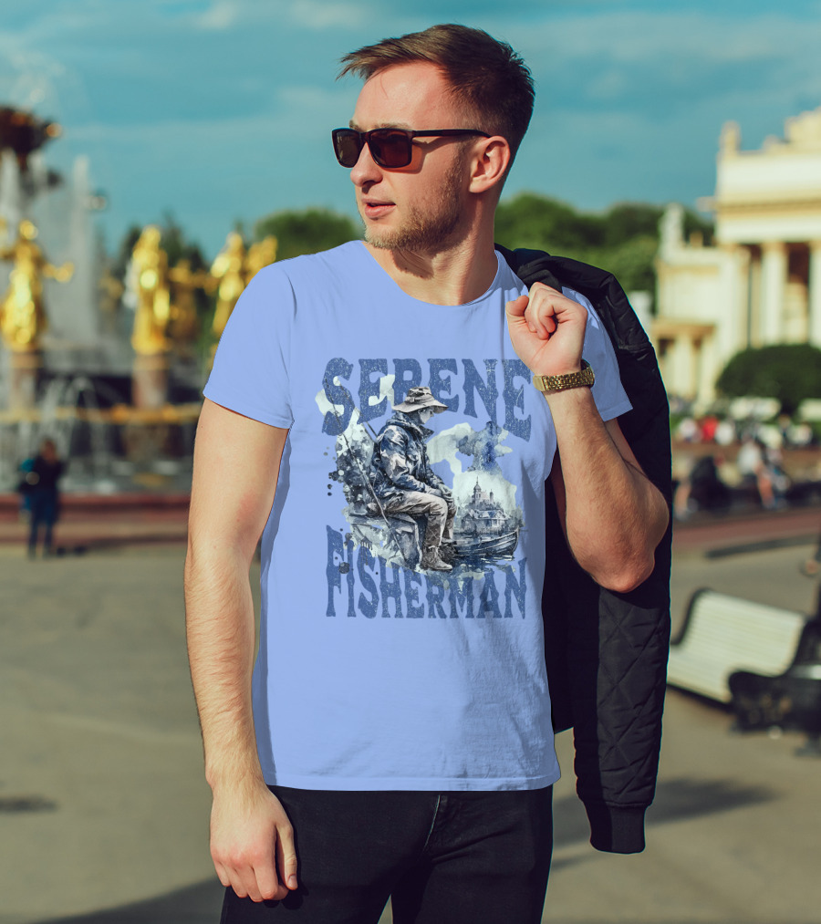 Serene Fisherman In Tranquil Lakeside Town With Boat And Reflection T-Shirt