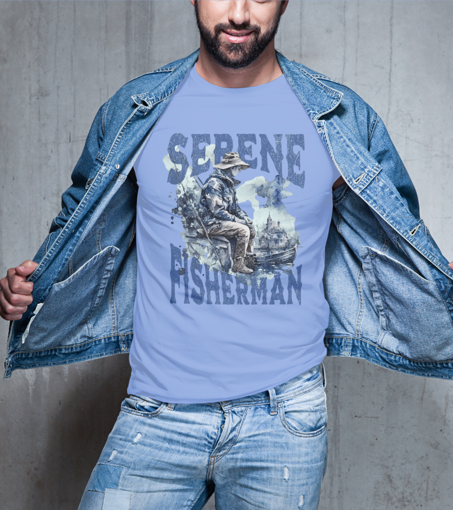 Serene Fisherman In Tranquil Lakeside Town With Boat And Reflection T-Shirt