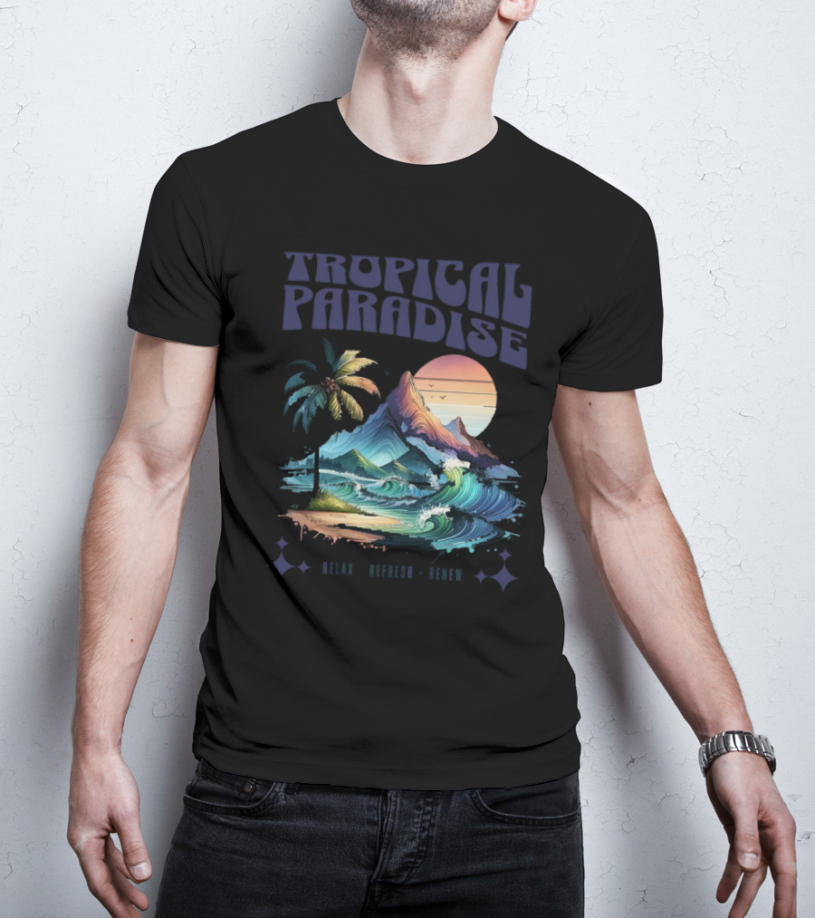 Tropical Paradise Palm Waves Island Horizon Sunset T-Shirt