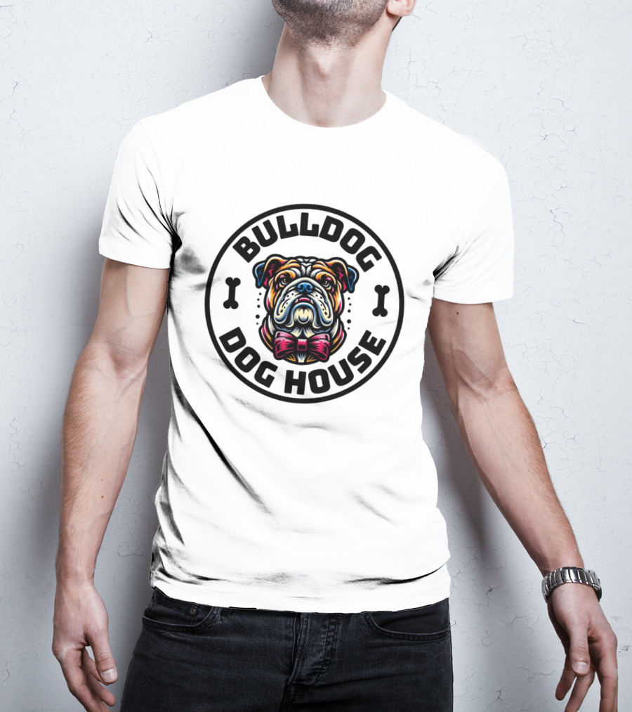 BULLDOG DOG HOUSE Bow Tie Dog Bone Circle T-Shirt