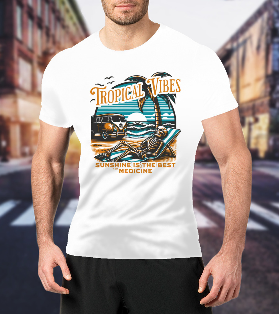 Tropical Vibes Sunshine Is The Best Medicine Skeleton Beach Van Sunset Scene T-Shirt